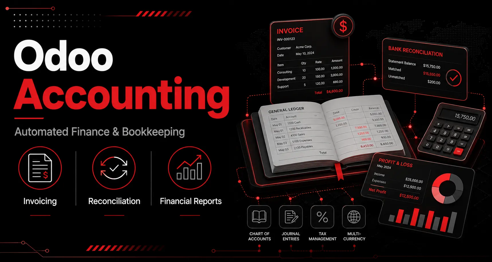 Odoo Accounting Modules - Automated bookkeeping, invoicing, tax management, and reporting.